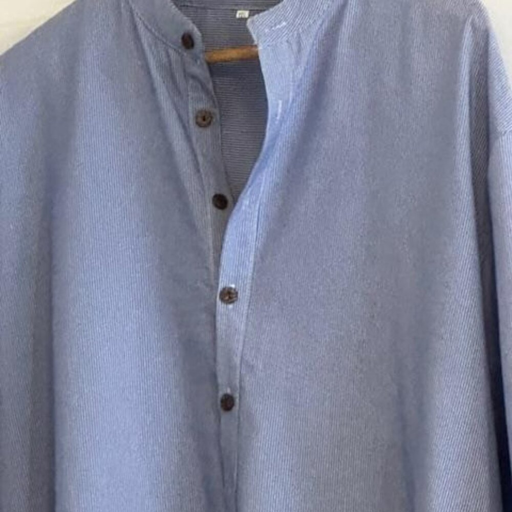 Stylish stand Up Collar Men/Woman Shirt Full Cut 3/4 But. Sleeve Blue Stripe 3X